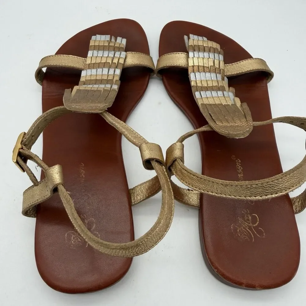 Matt Bernson Gold Silver Metallic Fringe Leather Ankle Strap Flat Sandals US 8